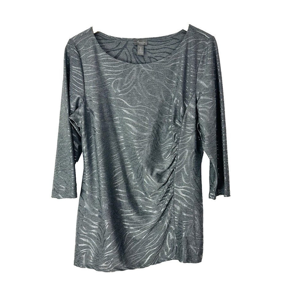 Chico's‎ Travelers Jacquard Ruched Top Silver Size 2 Womens Large Shiny Glam Glo